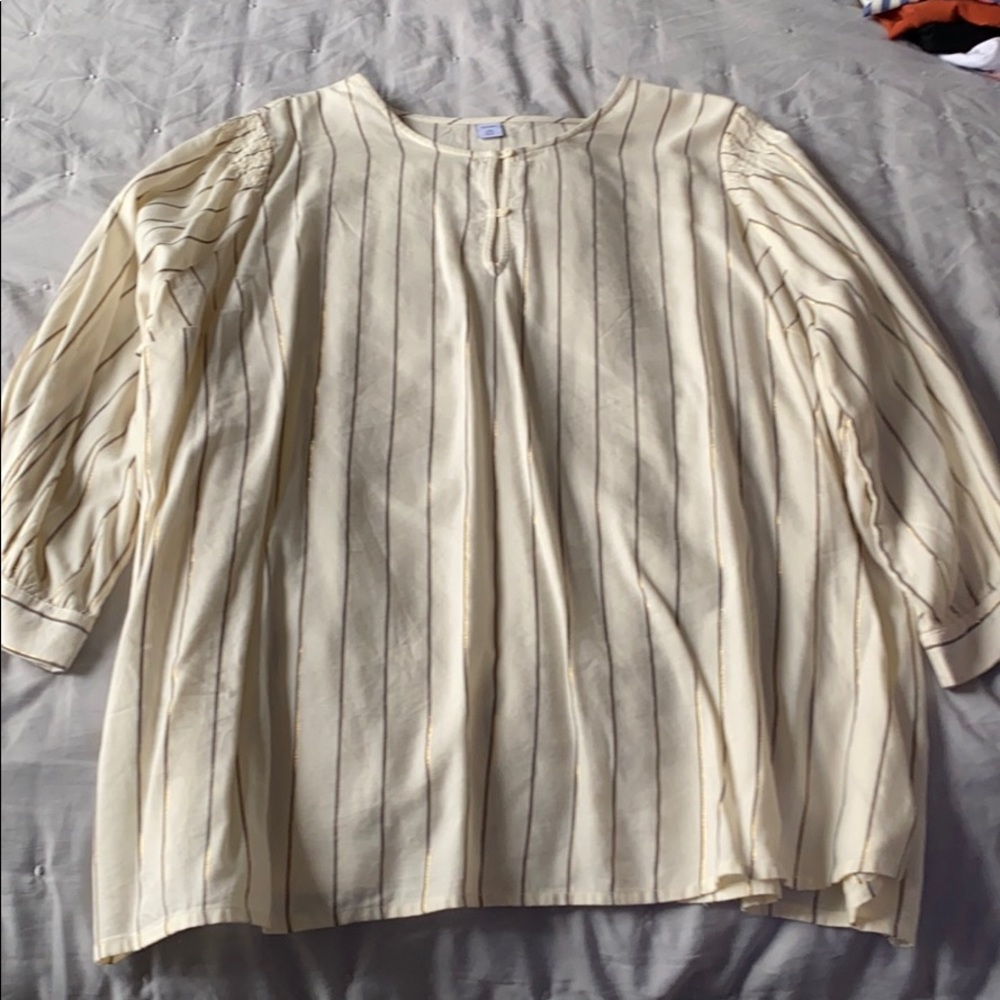 Cream top with grey and gold stripes